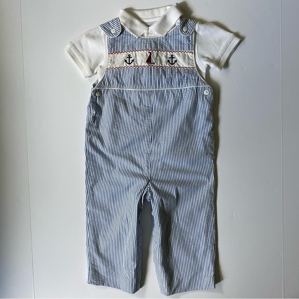 Talbots Outfit 18 Months Blue White white polo onesie shirt sailboats anchors
